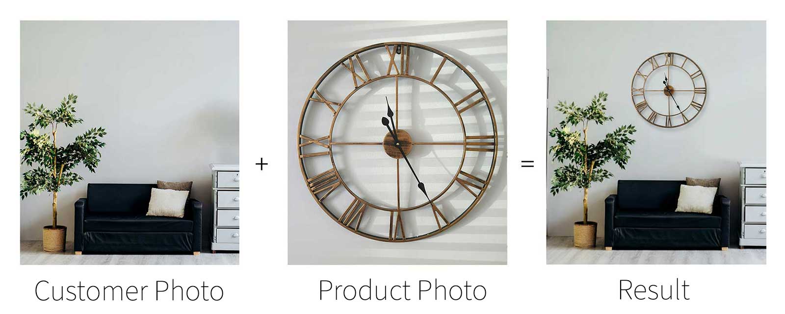 Room Refresh process showing a customer room photo, product image, and generated result